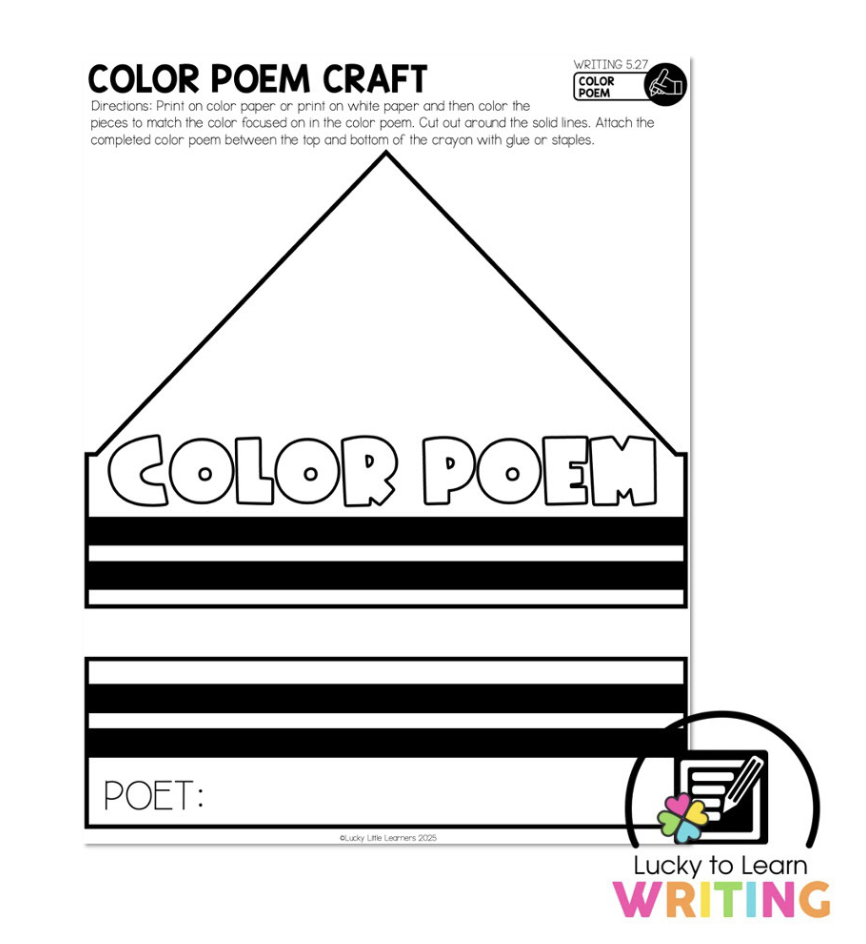 A 'Color Poem Craft' worksheet for 2nd grade students. The sheet provides instructions for creating a color poem craft, which involves coloring a crayon shape and writing a poem on it about a chosen color.